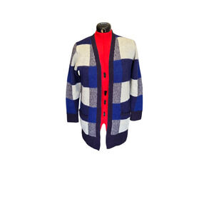 Lucky Brand blue and white plaid open front cardigan w pockets, size small
